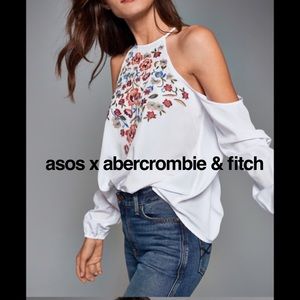 ASOS x A&F White Cold-Shoulder Embroidered Blouse
